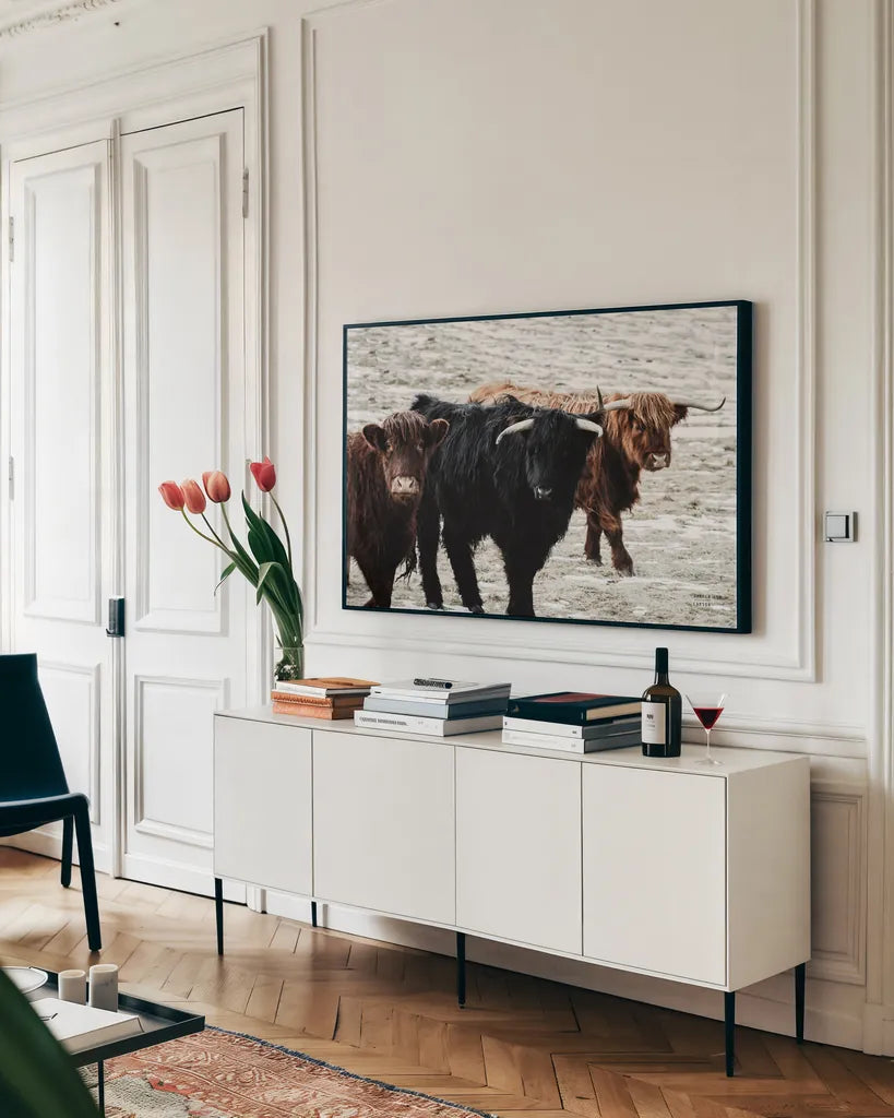 Three Amigos by Nathan Larson. shown as a framed stretched canvas in a living room above a console. Available as a archival giclee rolled canvas, fine art paper, or poster print. SKU 83501i.