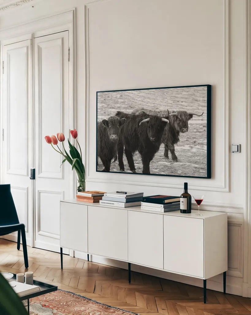 Three Amigos BW by Nathan Larson. shown as a framed stretched canvas in a living room above a console. Available as a archival giclee rolled canvas, fine art paper, or poster print. SKU 83502i.