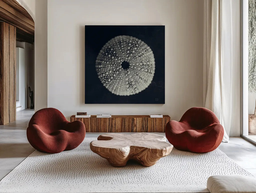 Urchin Still Life I by Nathan Larson. Shown as extra-large giant wall art in a modern living room. Available as an archival giclee rolled canvas, fine art paper, or poster print. SKU 97310a.