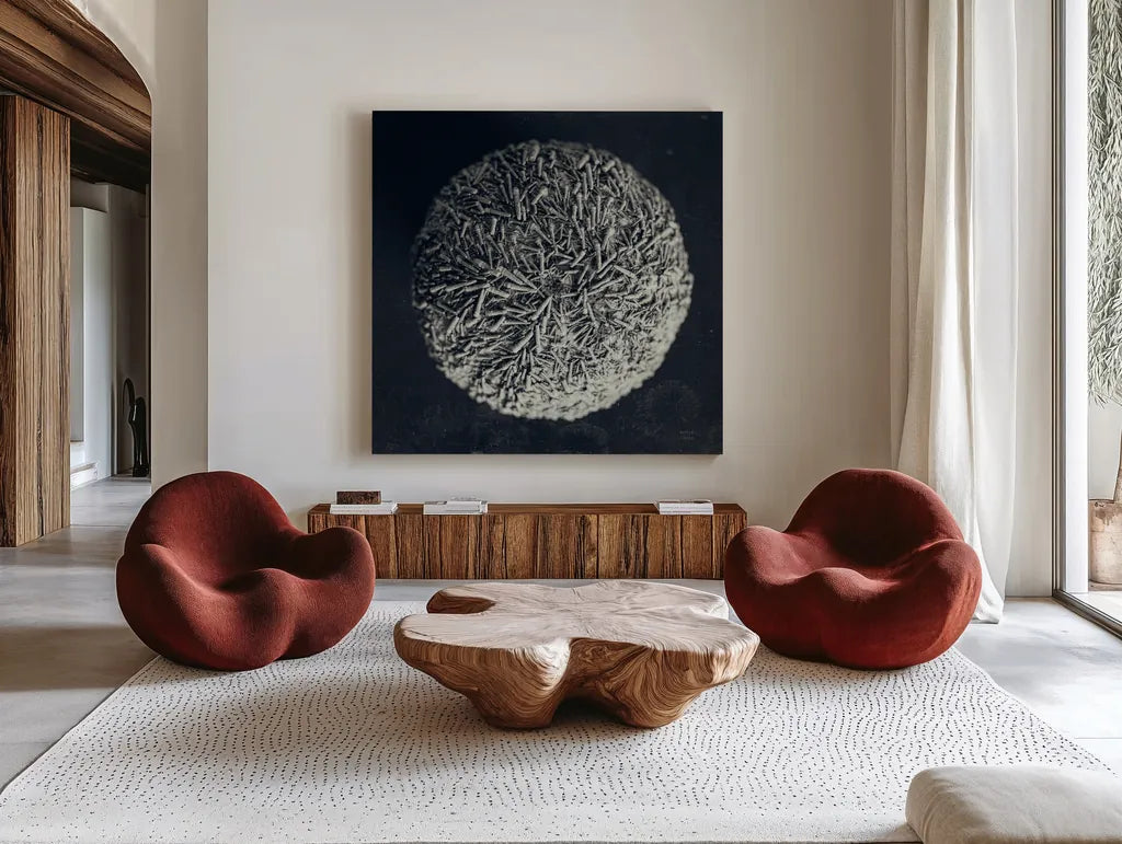 Urchin Still Life IV by Nathan Larson. Shown as extra-large giant wall art in a modern living room. Available as an archival giclee rolled canvas, fine art paper, or poster print. SKU 97313a.