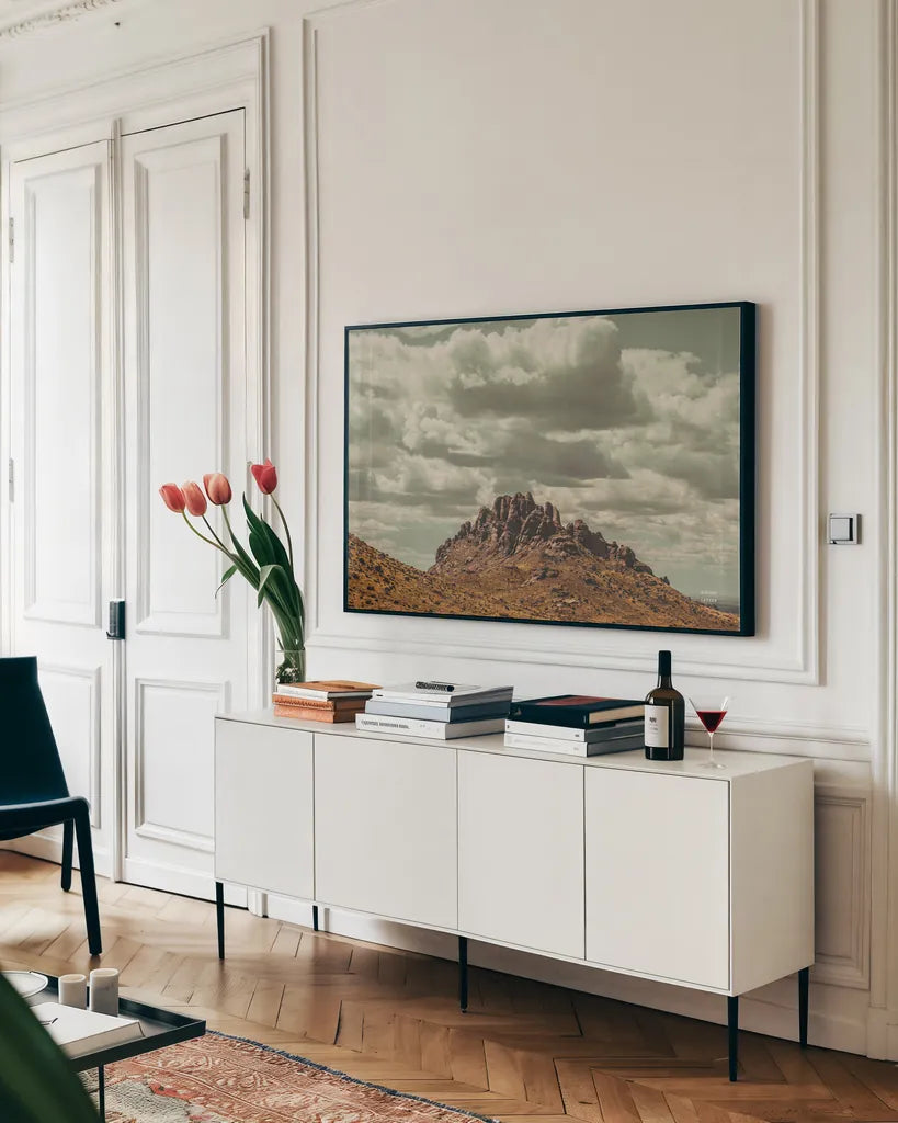 Welcome VIII by Nathan Larson. shown as a framed stretched canvas in a living room above a console. Available as a archival giclee rolled canvas, fine art paper, or poster print. SKU 82432i.