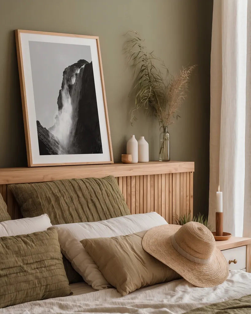 Western Brook Pond Waterfall by Nathan Larson. shown as a paper print in a natural frame. Available as a archival giclee rolled canvas, fine art paper, or poster print. SKU 100501h.