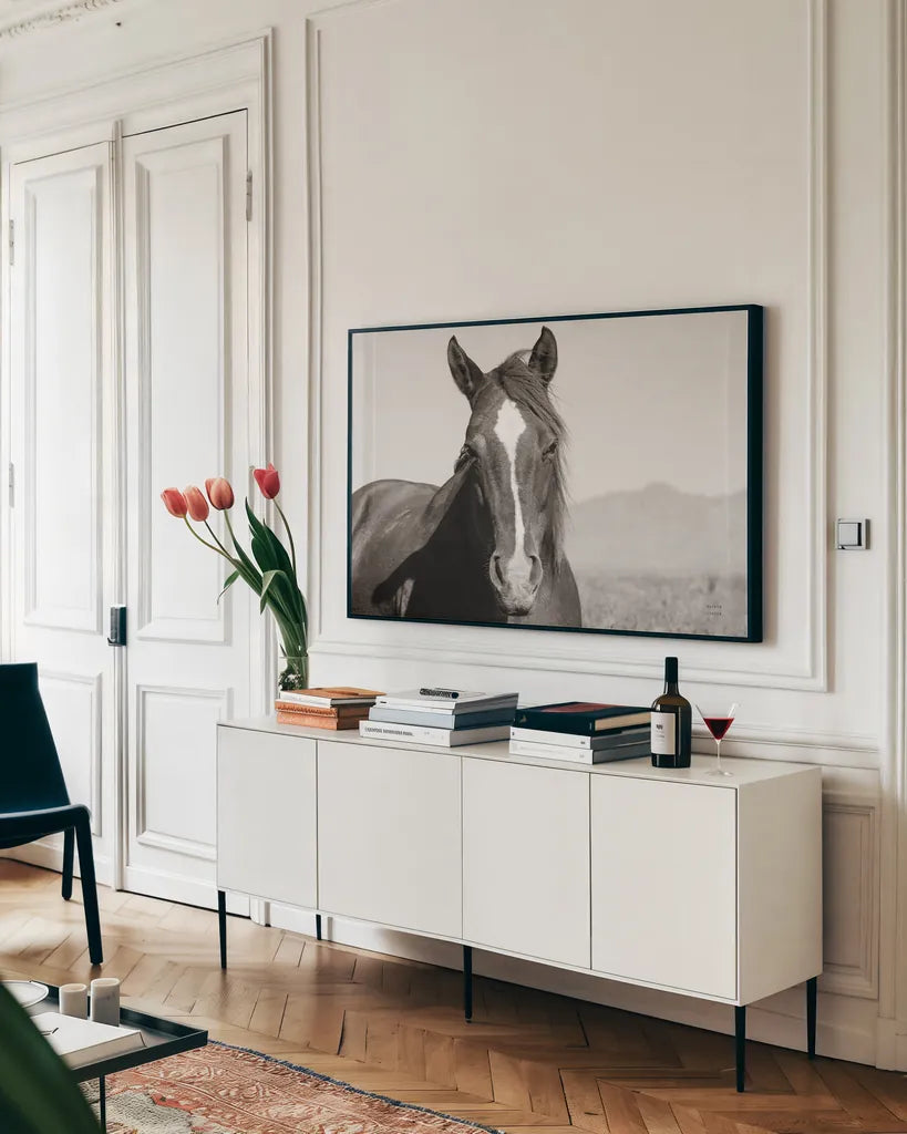 Wind Blown BW by Nathan Larson. shown as a framed stretched canvas in a living room above a console. Available as a archival giclee rolled canvas, fine art paper, or poster print. SKU 83664i.
