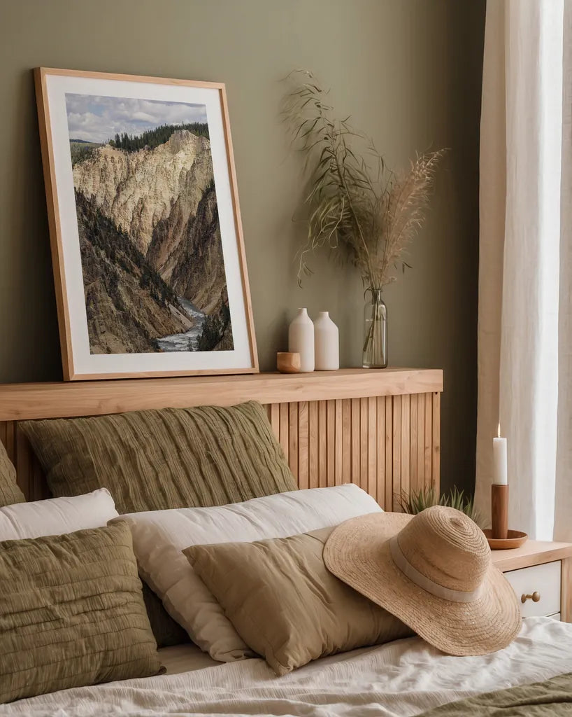 Yellowstone Summer by Nathan Larson. shown as a paper print in a natural frame. Available as a archival giclee rolled canvas, fine art paper, or poster print. SKU 92471h.