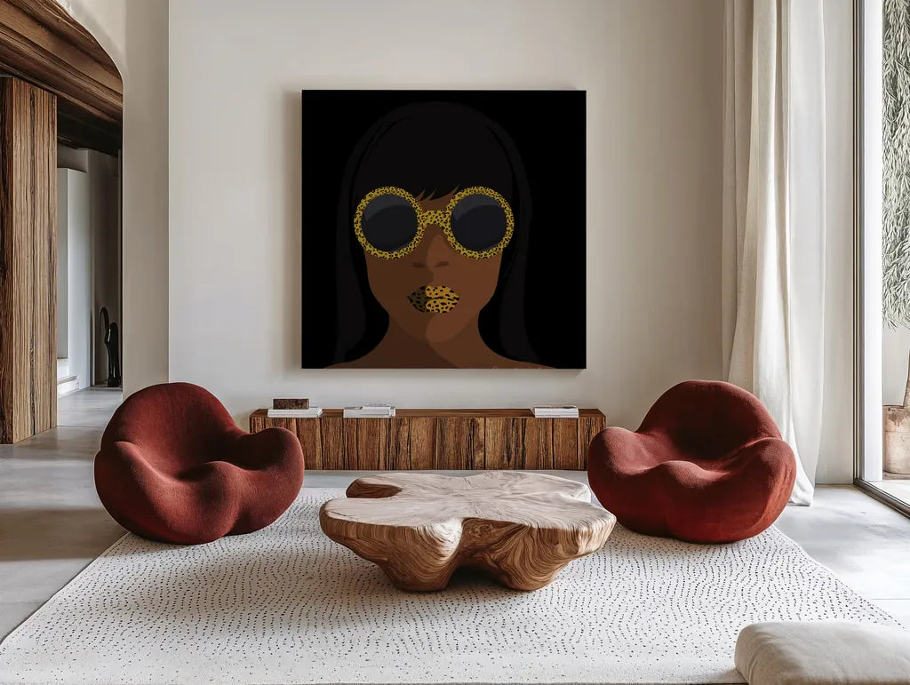 Accessorize I Square by Omar Escalante. Shown as extra-large giant wall art in a modern living room. Available as an archival giclee rolled canvas, fine art paper, or poster print. SKU 78265a.