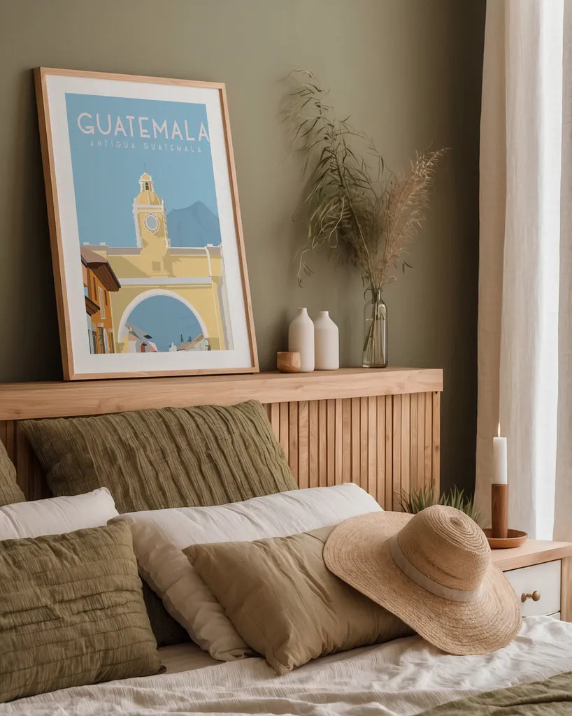 Antigua Guatemala by Omar Escalante. shown as a paper print in a natural frame. Available as a archival giclee rolled canvas, fine art paper, or poster print. SKU 71457h.