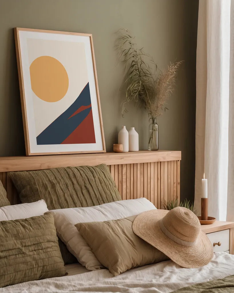 Boho Landscape I by Omar Escalante. shown as a paper print in a natural frame. Available as a archival giclee rolled canvas, fine art paper, or poster print. SKU 90451h.