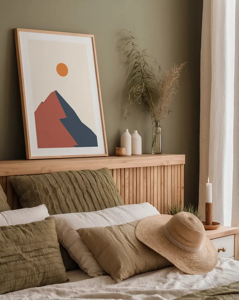 Boho Landscape III by Omar Escalante. shown as a paper print in a natural frame. Available as a archival giclee rolled canvas, fine art paper, or poster print. SKU 90702h.