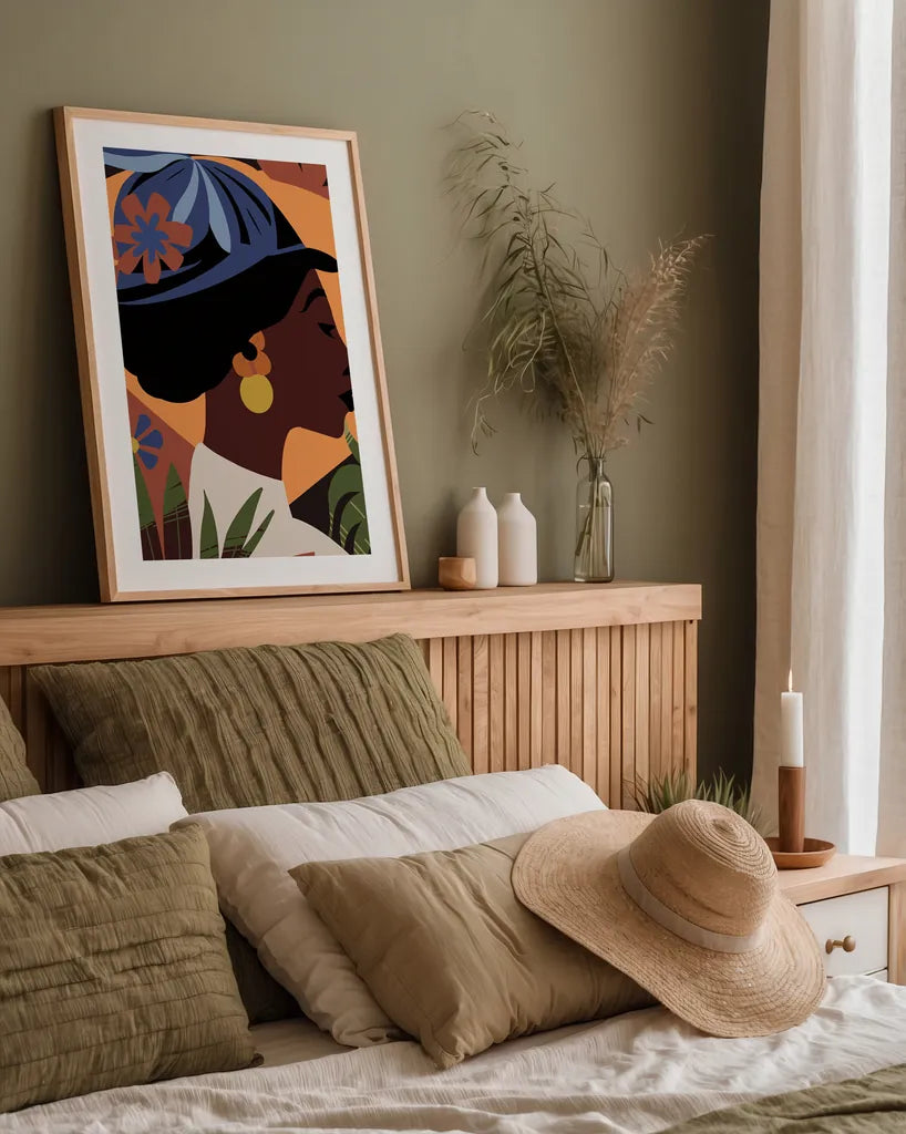 Boho Woman III Flipped Blue by Omar Escalante. shown as a paper print in a natural frame. Available as a archival giclee rolled canvas, fine art paper, or poster print. SKU 85658h.