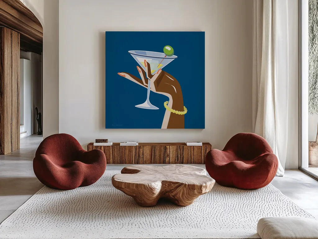 Cocktail Time I Sq by Omar Escalante. Shown as extra-large giant wall art in a modern living room. Available as an archival giclee rolled canvas, fine art paper, or poster print. SKU 80658a.