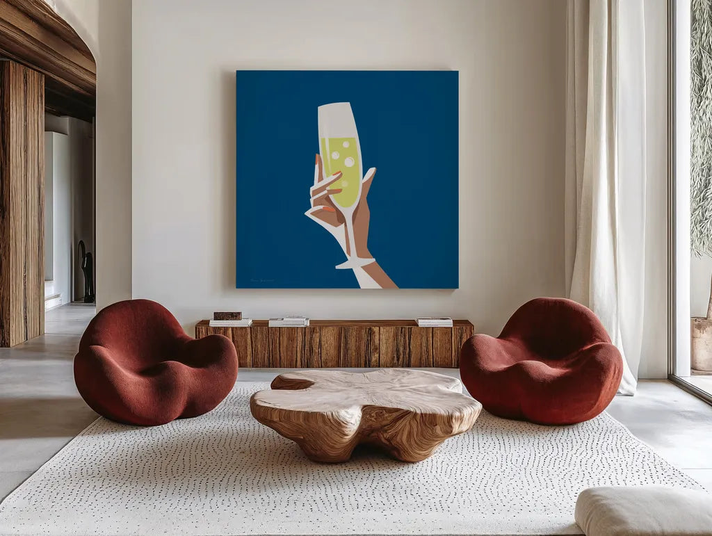 Cocktail Time II Sq by Omar Escalante. Shown as extra-large giant wall art in a modern living room. Available as an archival giclee rolled canvas, fine art paper, or poster print. SKU 80659a.