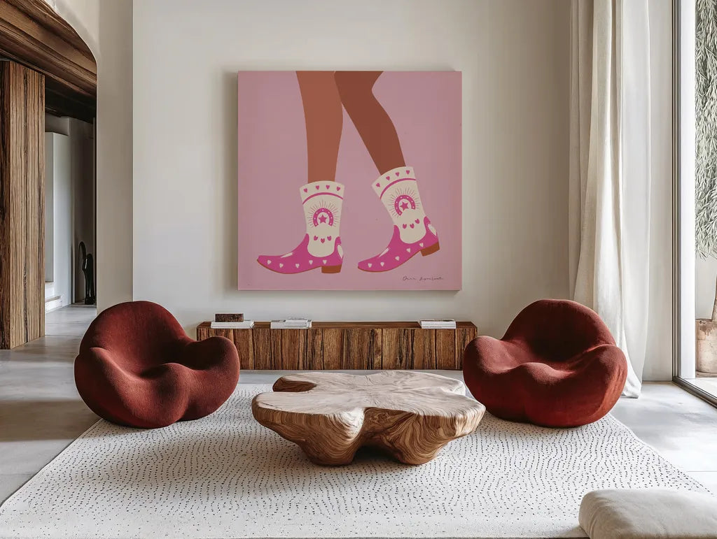 Cowgirly II by Omar Escalante. Shown as extra-large giant wall art in a modern living room. Available as an archival giclee rolled canvas, fine art paper, or poster print. SKU 84594a.