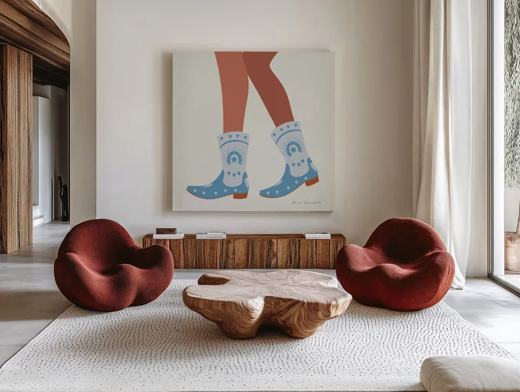 Cowgirly II Blue by Omar Escalante. Shown as extra-large giant wall art in a modern living room. Available as an archival giclee rolled canvas, fine art paper, or poster print. SKU 89334a.