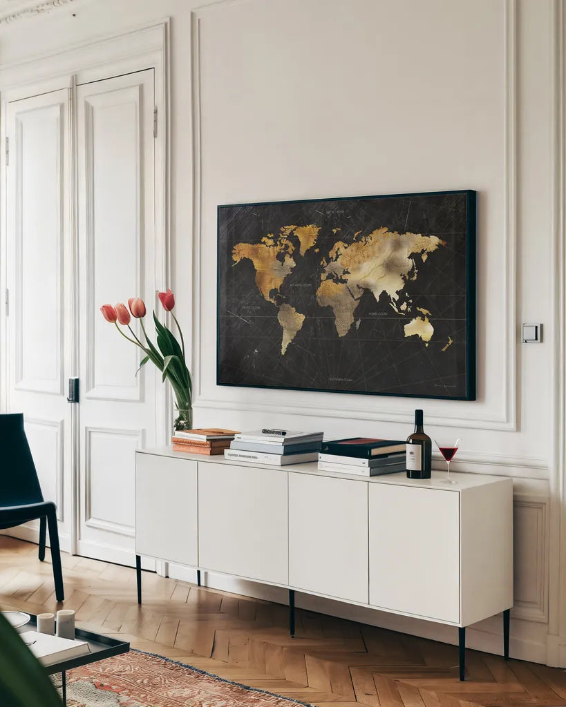 Dramatic World Map by Omar Escalante. shown as a framed stretched canvas in a living room above a console. Available as a archival giclee rolled canvas, fine art paper, or poster print. SKU 70404i.