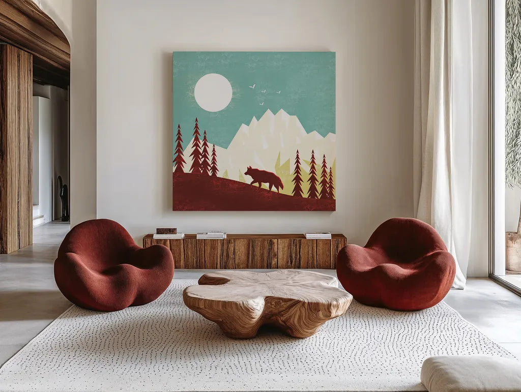 Great Outdoors IV by Omar Escalante. Shown as extra-large giant wall art in a modern living room. Available as an archival giclee rolled canvas, fine art paper, or poster print. SKU 66600a.