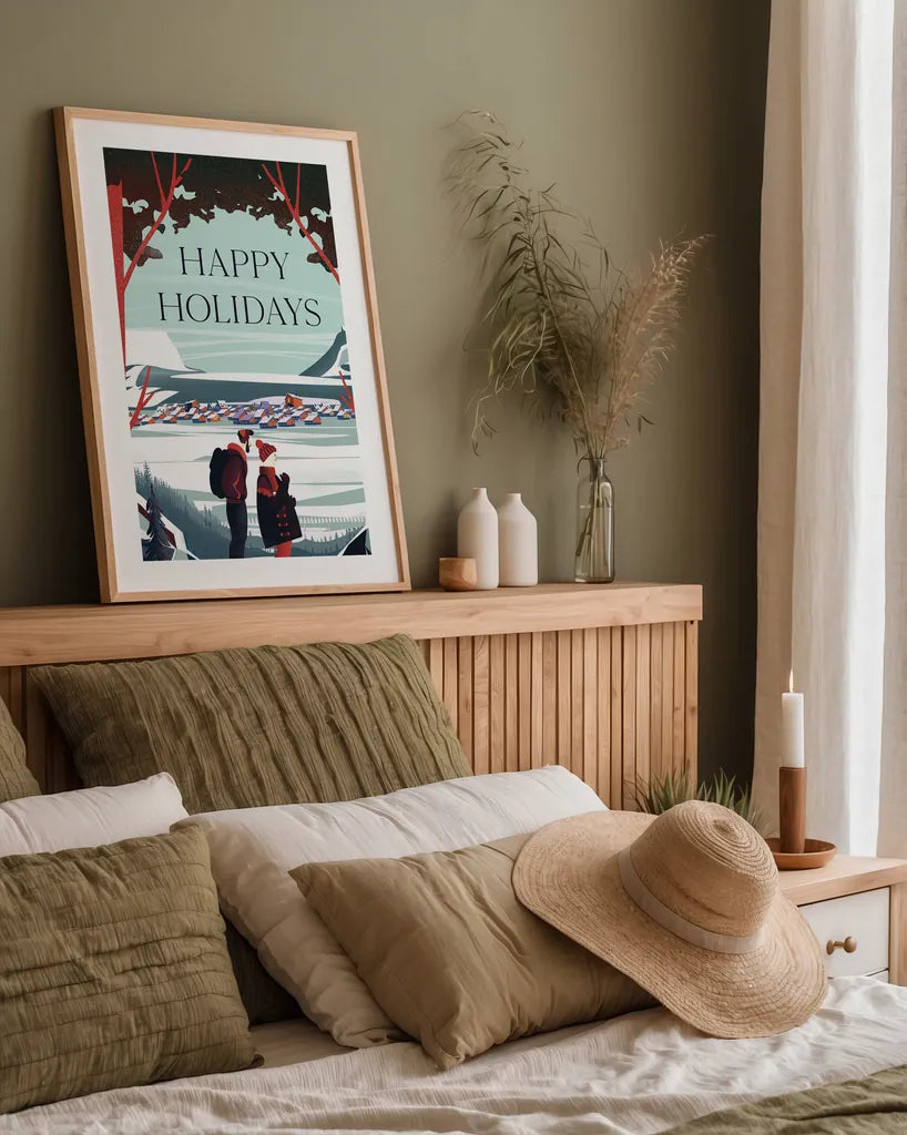 Happy Holidays by Omar Escalante. shown as a paper print in a natural frame. Available as a archival giclee rolled canvas, fine art paper, or poster print. SKU 67455h.