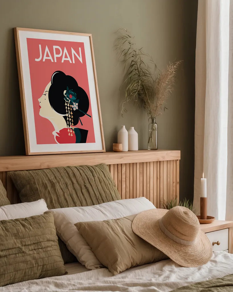 Japan by Omar Escalante. shown as a paper print in a natural frame. Available as a archival giclee rolled canvas, fine art paper, or poster print. SKU 62767h.