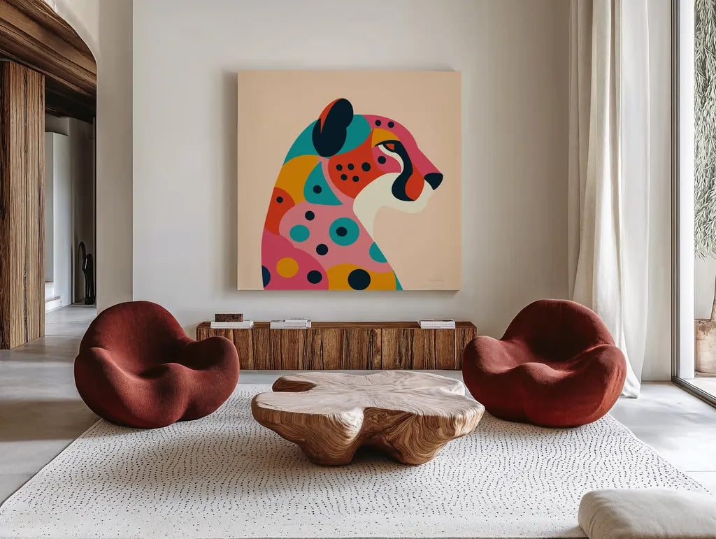 Safari Cat II by Omar Escalante. Shown as extra-large giant wall art in a modern living room. Available as an archival giclee rolled canvas, fine art paper, or poster print. SKU 92556a.
