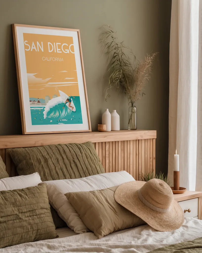 San Diego by Omar Escalante. shown as a paper print in a natural frame. Available as a archival giclee rolled canvas, fine art paper, or poster print. SKU 62040h.