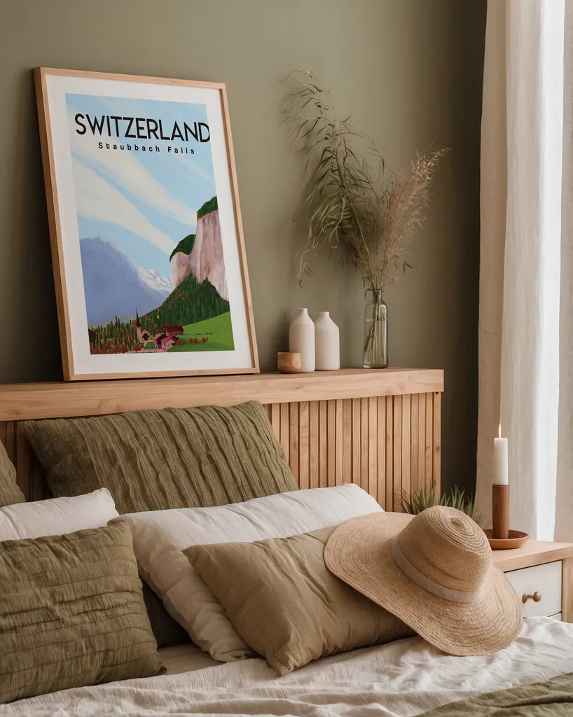 Swiss Alps by Omar Escalante. shown as a paper print in a natural frame. Available as a archival giclee rolled canvas, fine art paper, or poster print. SKU 75834h.