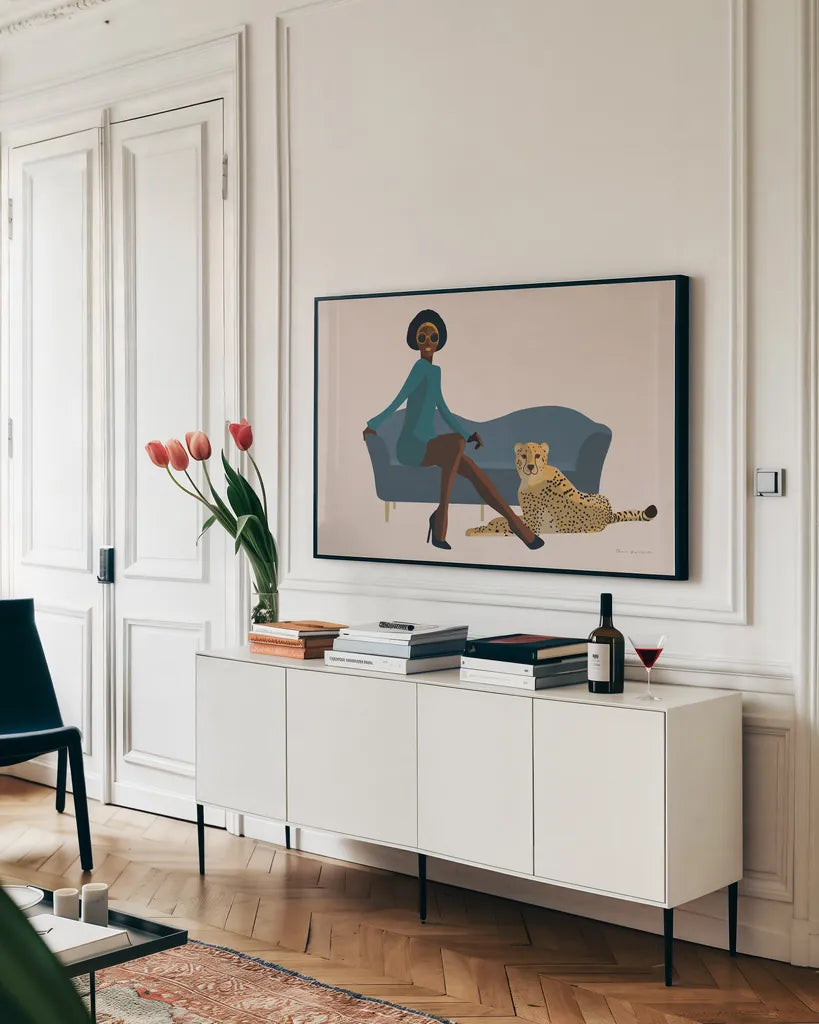 Wild Lounge III by Omar Escalante. shown as a framed stretched canvas in a living room above a console. Available as a archival giclee rolled canvas, fine art paper, or poster print. SKU 76813i.