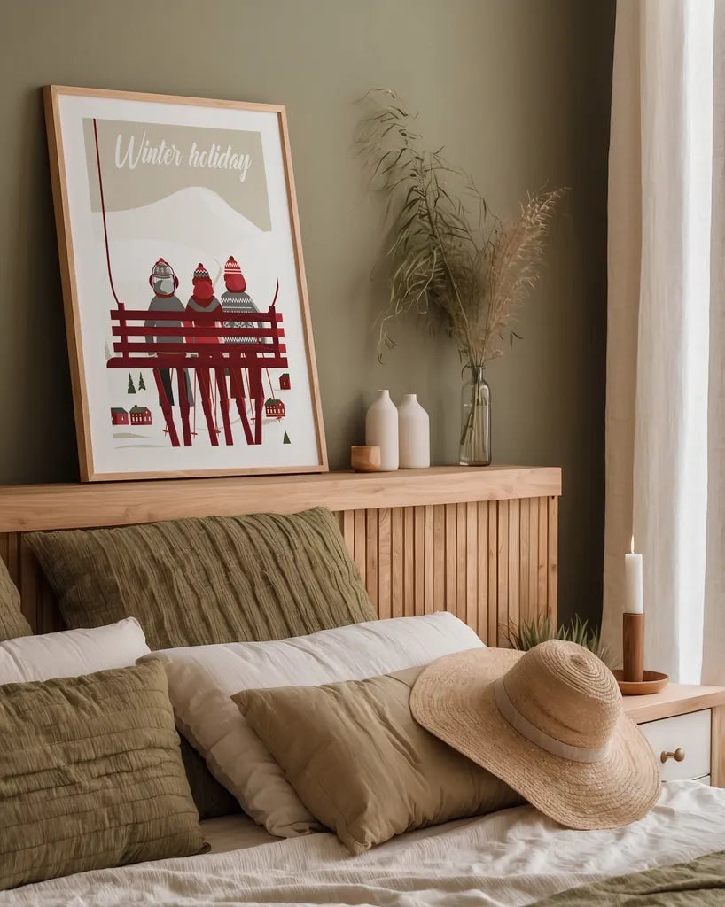 Winter Holiday Red by Omar Escalante. shown as a paper print in a natural frame. Available as a archival giclee rolled canvas, fine art paper, or poster print. SKU 68866h.