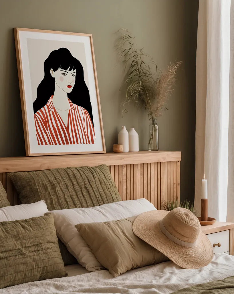 Woman in Striped Blouse I by Omar Escalante. shown as a paper print in a natural frame. Available as a archival giclee rolled canvas, fine art paper, or poster print. SKU 98857h.