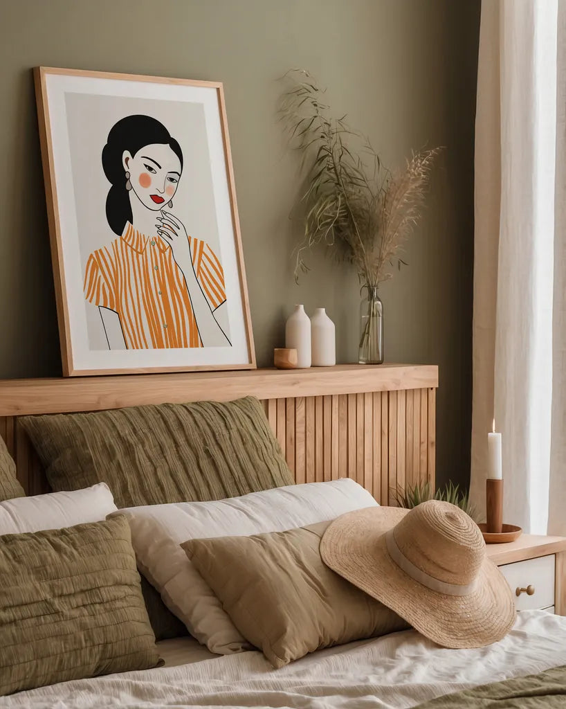 Woman in Striped Blouse II by Omar Escalante. shown as a paper print in a natural frame. Available as a archival giclee rolled canvas, fine art paper, or poster print. SKU 98858h.