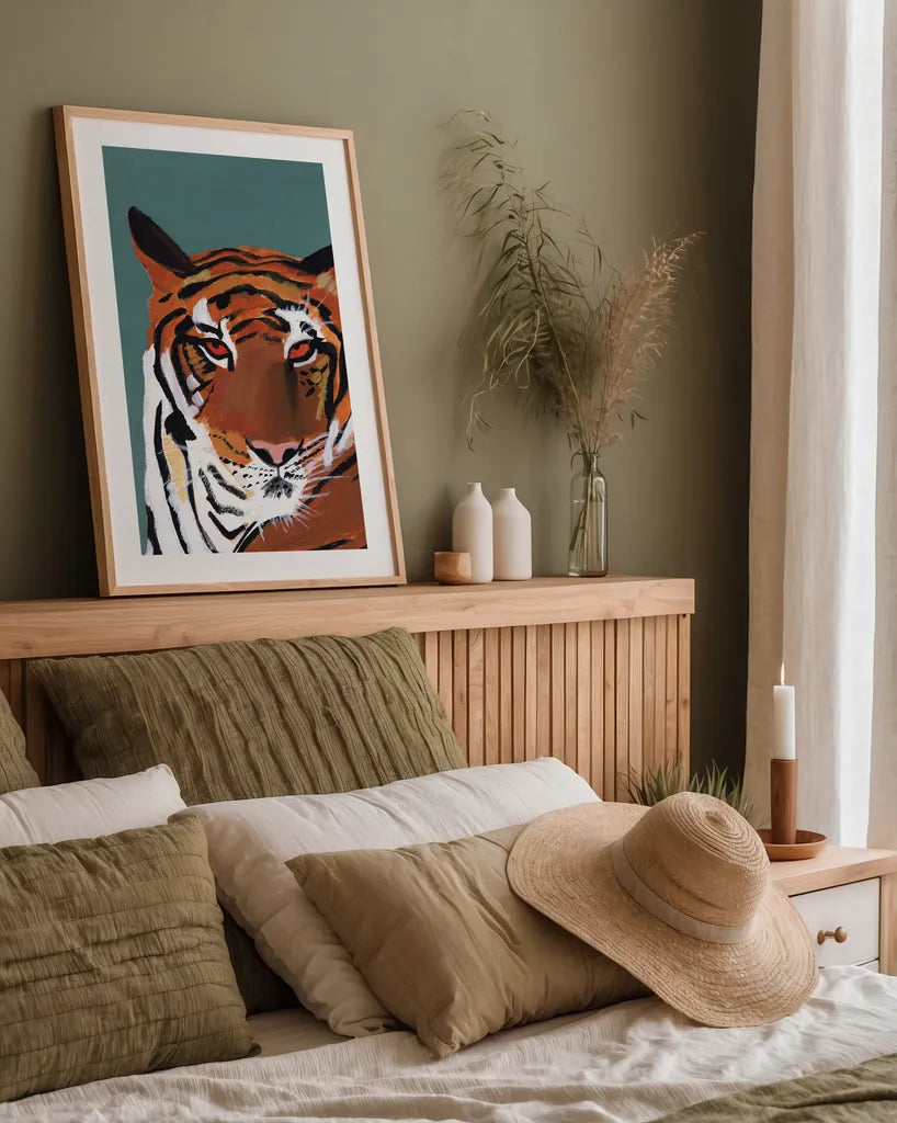 Colorful Tiger on Teal by Pamela Munger. shown as a paper print in a natural frame. Available as a archival giclee rolled canvas, fine art paper, or poster print. SKU 72817h.