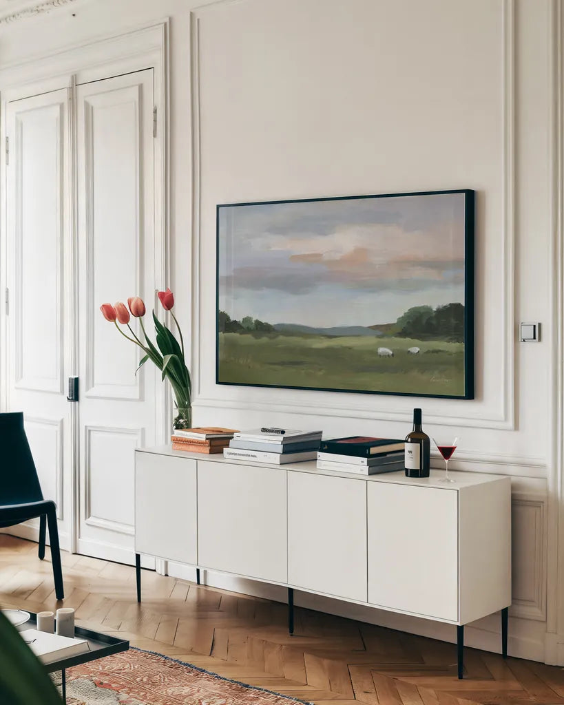 Grazing by Pamela Munger. shown as a framed stretched canvas in a living room above a console. Available as a archival giclee rolled canvas, fine art paper, or poster print. SKU 84604i.