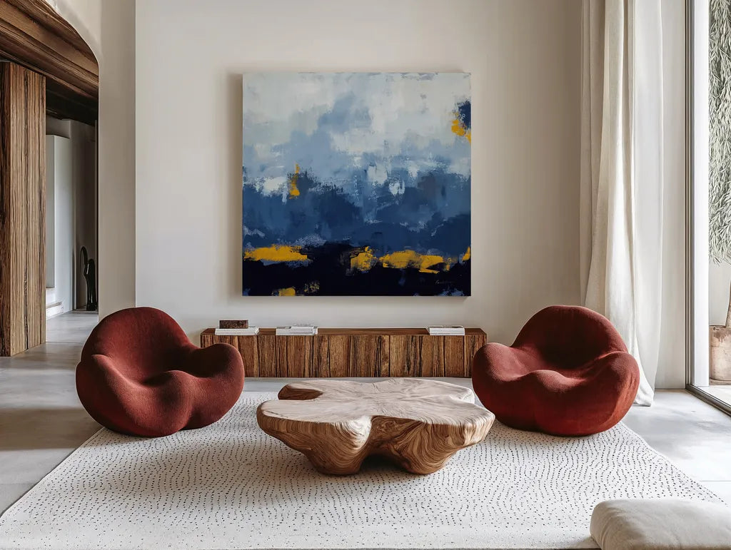 Mountain Gold by Pamela Munger. Shown as extra-large giant wall art in a modern living room. Available as an archival giclee rolled canvas, fine art paper, or poster print. SKU 70224a.
