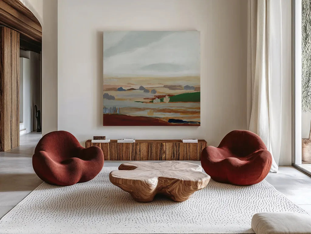November Layers II by Pamela Munger. Shown as extra-large giant wall art in a modern living room. Available as an archival giclee rolled canvas, fine art paper, or poster print. SKU 95369a.