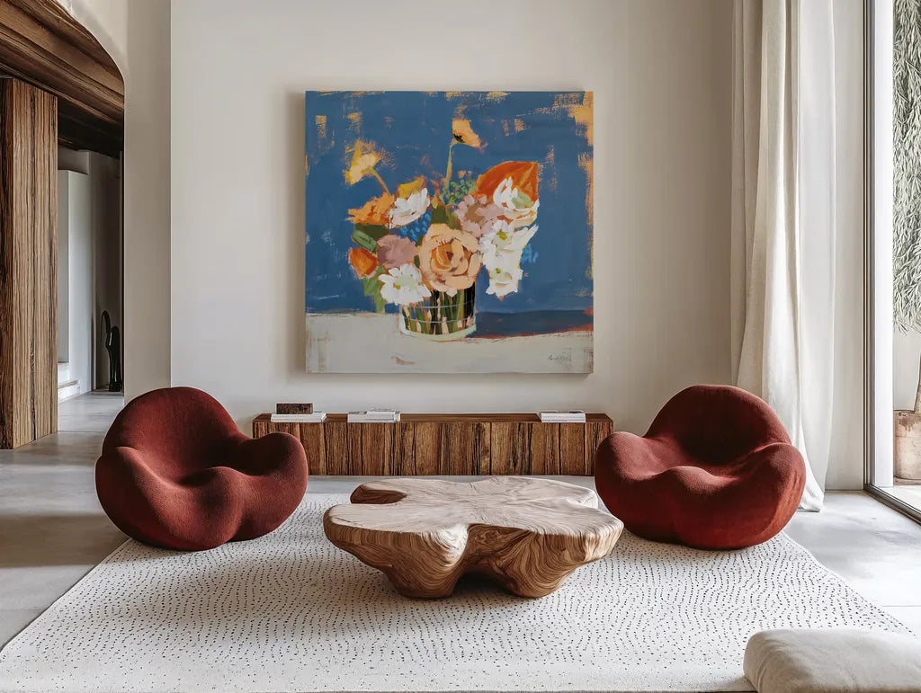 Peach and White Bouquet by Pamela Munger. Shown as extra-large giant wall art in a modern living room. Available as an archival giclee rolled canvas, fine art paper, or poster print. SKU 70682a.