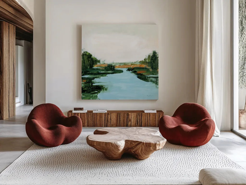 River Flowing Through by Pamela Munger. Shown as extra-large giant wall art in a modern living room. Available as an archival giclee rolled canvas, fine art paper, or poster print. SKU 70225a.