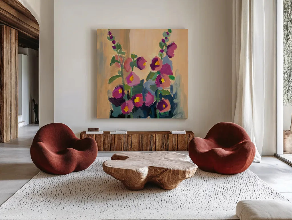 Summer Hollyhocks by Pamela Munger. Shown as extra-large giant wall art in a modern living room. Available as an archival giclee rolled canvas, fine art paper, or poster print. SKU 81182a.