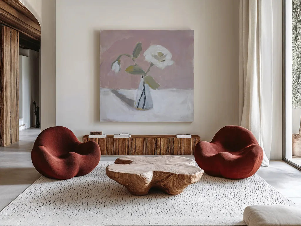 Two White by Pamela Munger. Shown as extra-large giant wall art in a modern living room. Available as an archival giclee rolled canvas, fine art paper, or poster print. SKU 95382a.