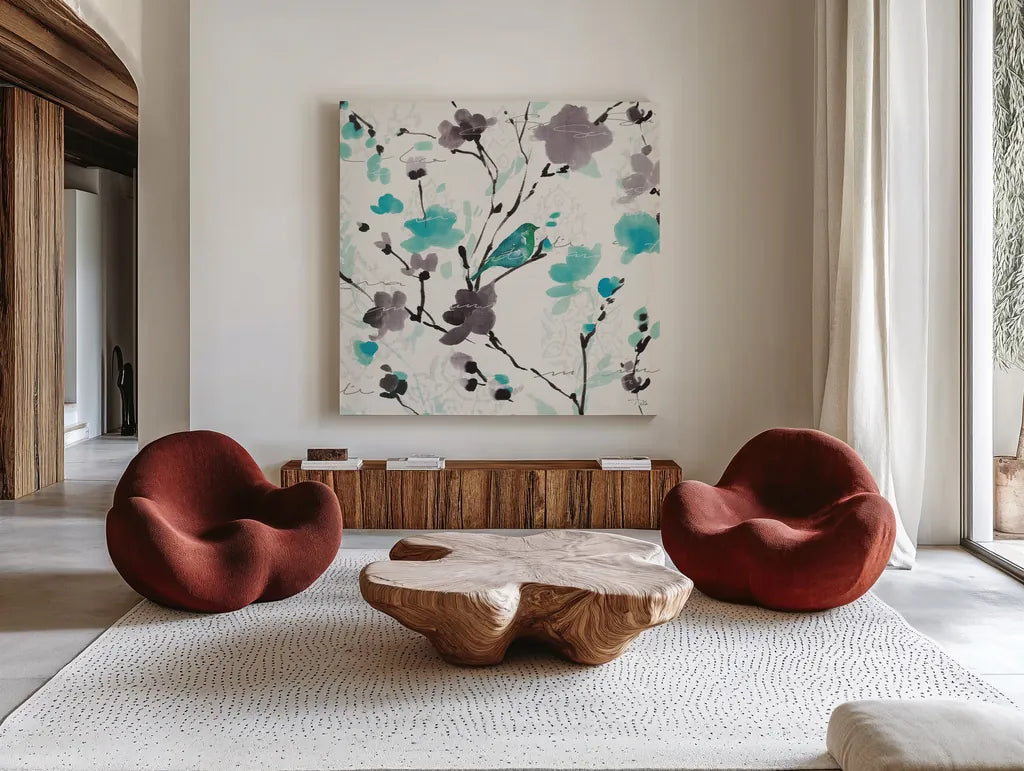 Flowing I Square by Pela. Shown as extra-large giant wall art in a modern living room. Available as an archival giclee rolled canvas, fine art paper, or poster print. SKU 11954a.