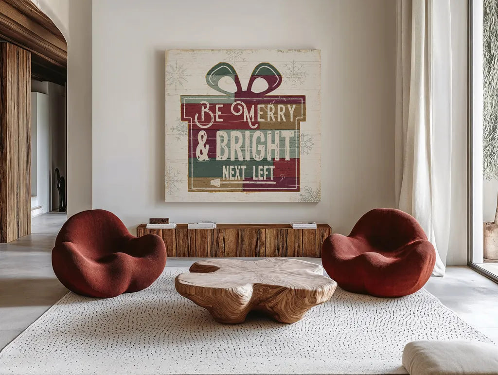 Christmas Signs I by Pela Studio. Shown as extra-large giant wall art in a modern living room. Available as an archival giclee rolled canvas, fine art paper, or poster print. SKU 36671a.