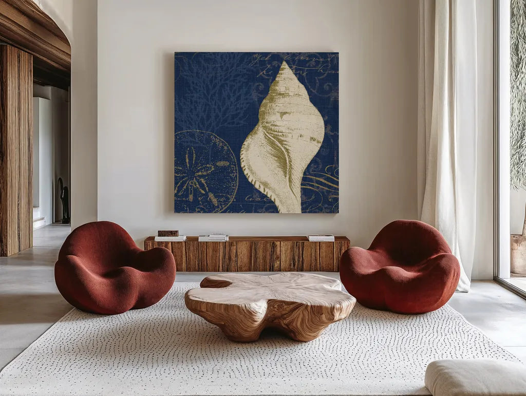 Coastal Moonlight IV Teal by Pela Studio. Shown as extra-large giant wall art in a modern living room. Available as an archival giclee rolled canvas, fine art paper, or poster print. SKU 11388a.