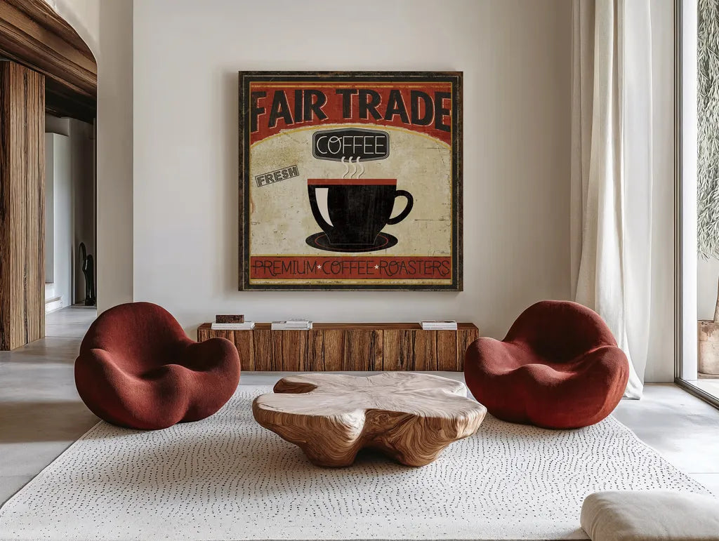 Coffee Roasters I by Pela Studio. Shown as extra-large giant wall art in a modern living room. Available as an archival giclee rolled canvas, fine art paper, or poster print. SKU 10832a.