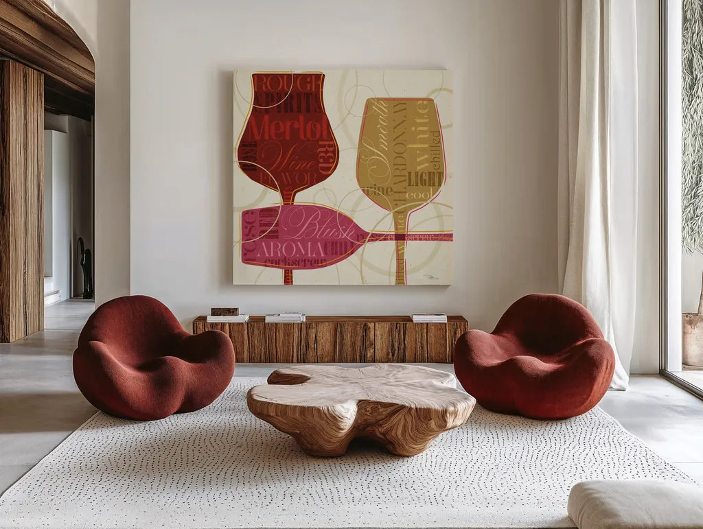 Colorful Wine I by Pela Studio. Shown as extra-large giant wall art in a modern living room. Available as an archival giclee rolled canvas, fine art paper, or poster print. SKU 8204a.
