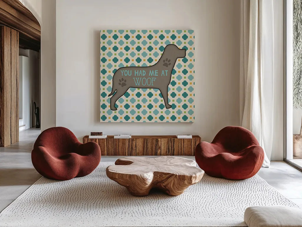 Doggy Sayin III by Pela Studio. Shown as extra-large giant wall art in a modern living room. Available as an archival giclee rolled canvas, fine art paper, or poster print. SKU 14302a.