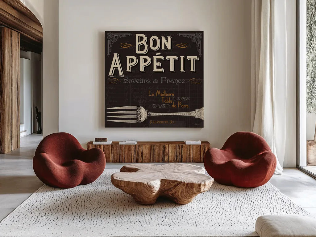 Flavors of France III by Pela Studio. Shown as extra-large giant wall art in a modern living room. Available as an archival giclee rolled canvas, fine art paper, or poster print. SKU 10987a.