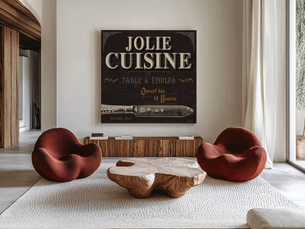 Flavors of France IV by Pela Studio. Shown as extra-large giant wall art in a modern living room. Available as an archival giclee rolled canvas, fine art paper, or poster print. SKU 10988a.