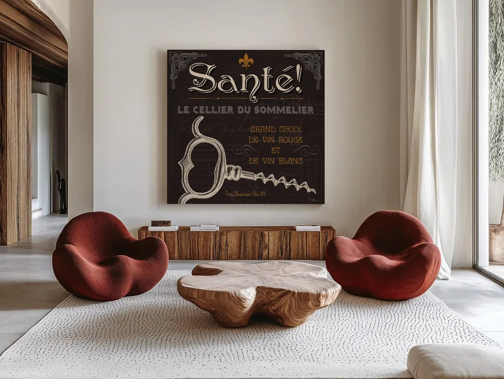 Flavors of France V by Pela Studio. Shown as extra-large giant wall art in a modern living room. Available as an archival giclee rolled canvas, fine art paper, or poster print. SKU 10989a.