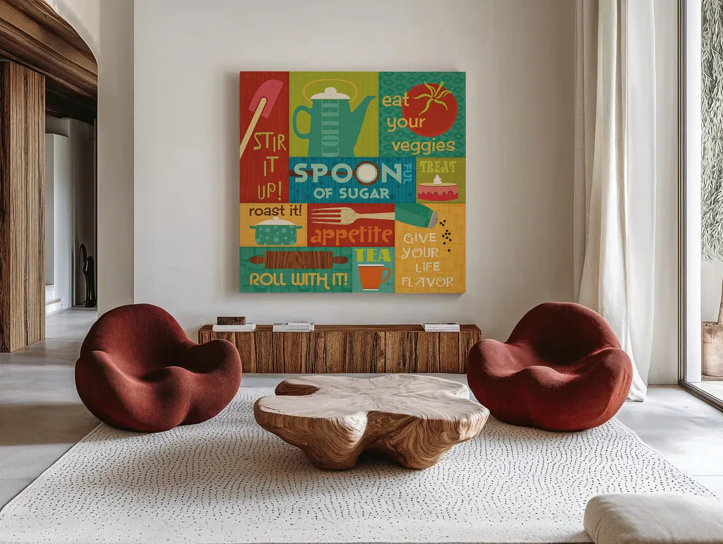 Kitchen It II by Pela Studio. Shown as extra-large giant wall art in a modern living room. Available as an archival giclee rolled canvas, fine art paper, or poster print. SKU 10721a.