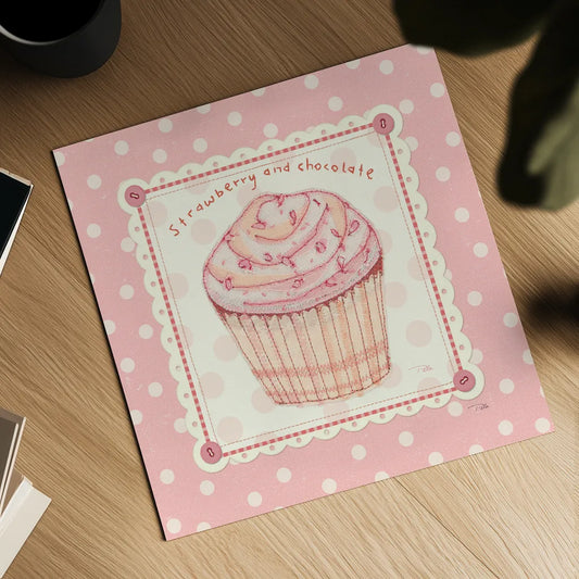 Lil Cupcakes Pink IV by Pela Studio. Shown as a detailed flat fine art print, highlighting archival giclee quality. Available as an archival giclee rolled canvas, fine art paper, or poster print. SKU 100986a.