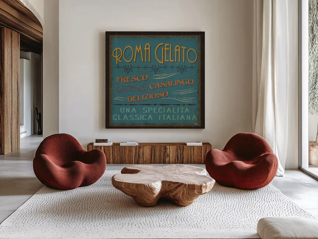 Lunchtime in Color IV by Pela Studio. Shown as extra-large giant wall art in a modern living room. Available as an archival giclee rolled canvas, fine art paper, or poster print. SKU 11960a.