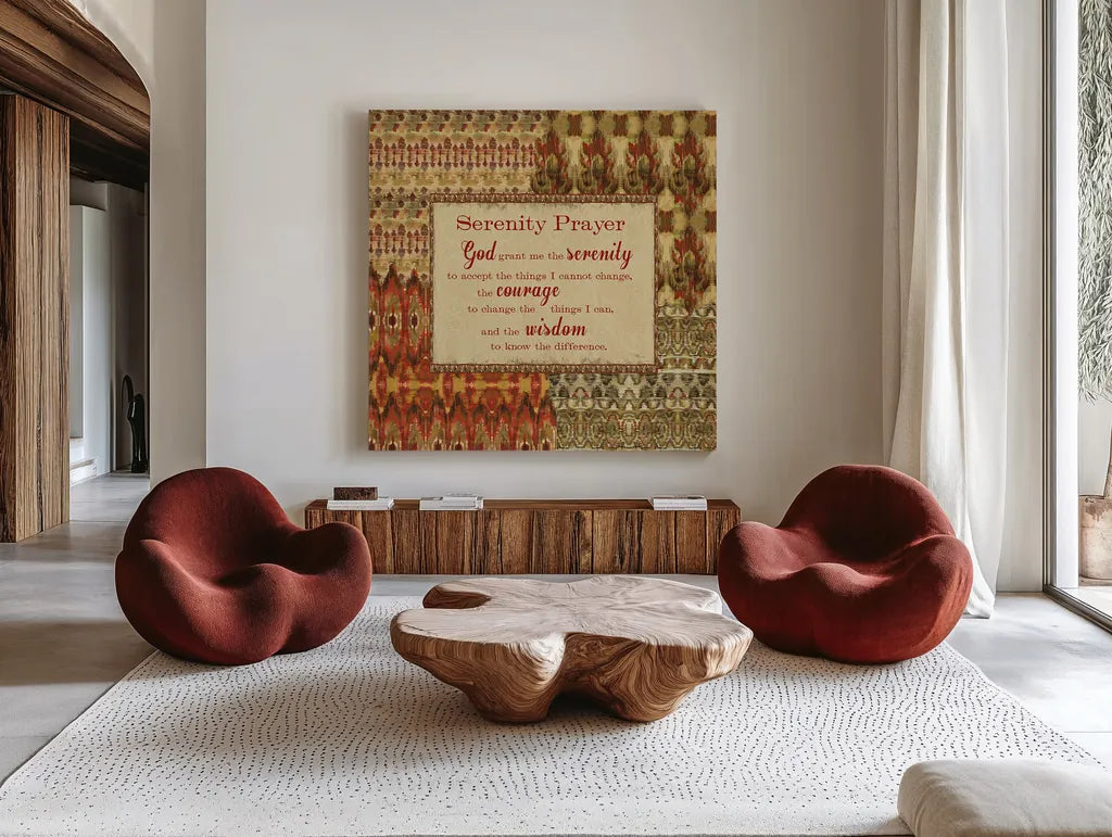 Mirage Words IV Sq by Pela Studio. Shown as extra-large giant wall art in a modern living room. Available as an archival giclee rolled canvas, fine art paper, or poster print. SKU 28355a.