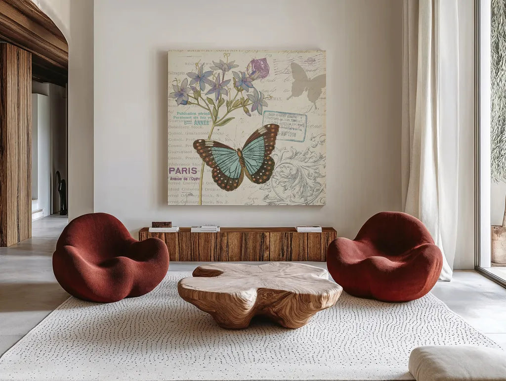 Papillon Tales II by Pela Studio. Shown as extra-large giant wall art in a modern living room. Available as an archival giclee rolled canvas, fine art paper, or poster print. SKU 7622a.